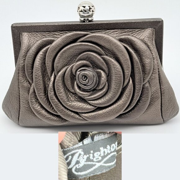 Brighton Pewter Leather Clutch Crossbody Purse Large Dimensional Flower on Front - Picture 3 of 17